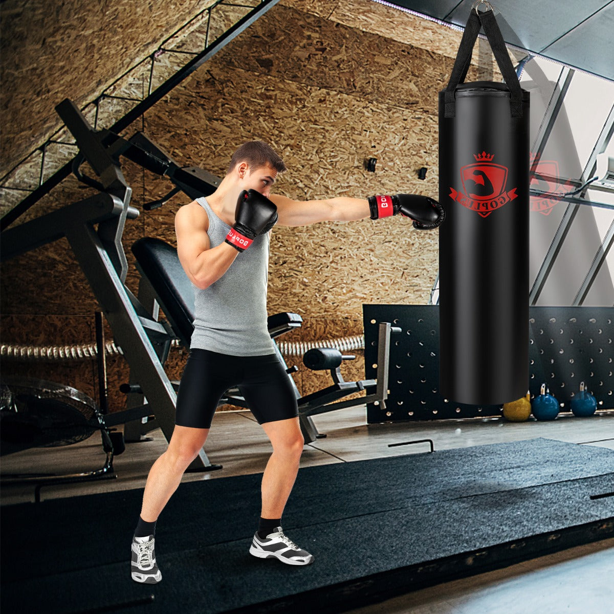 Sacco da boxe appeso con sotto guanti e guantoni da boxe 12 oz, Set sacco da boxe 28,5 kg per adulti Nero-Boxe