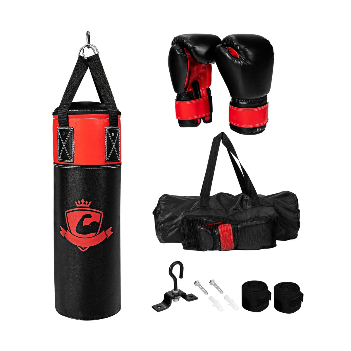 Set sacco da boxe appeso per bambini con guantoni da boxe, Sacco da boxe 60cm con sotto guanti e borsa Nero-Boxe