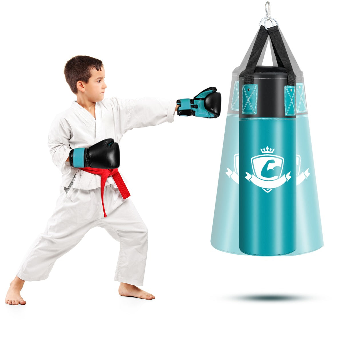 Set sacco da boxe appeso per bambini con guantoni da boxe, Sacco da boxe 60cm con sotto guanti e borsa Turchese-Boxe