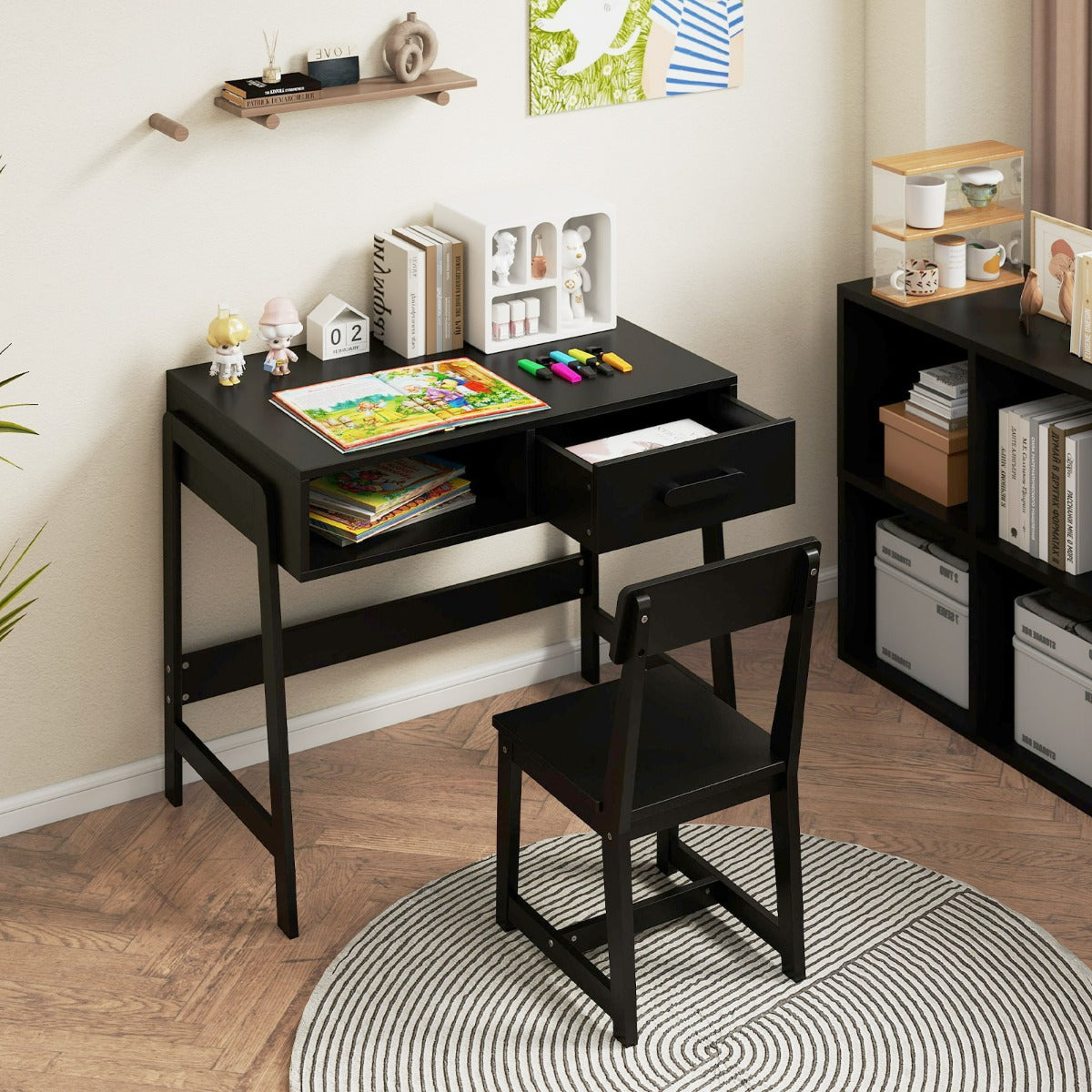 Set scrivania e sedia con cassetto e scomparto, Set di tavoli da studio in legno per bambini Nero-Tavoli e sedie