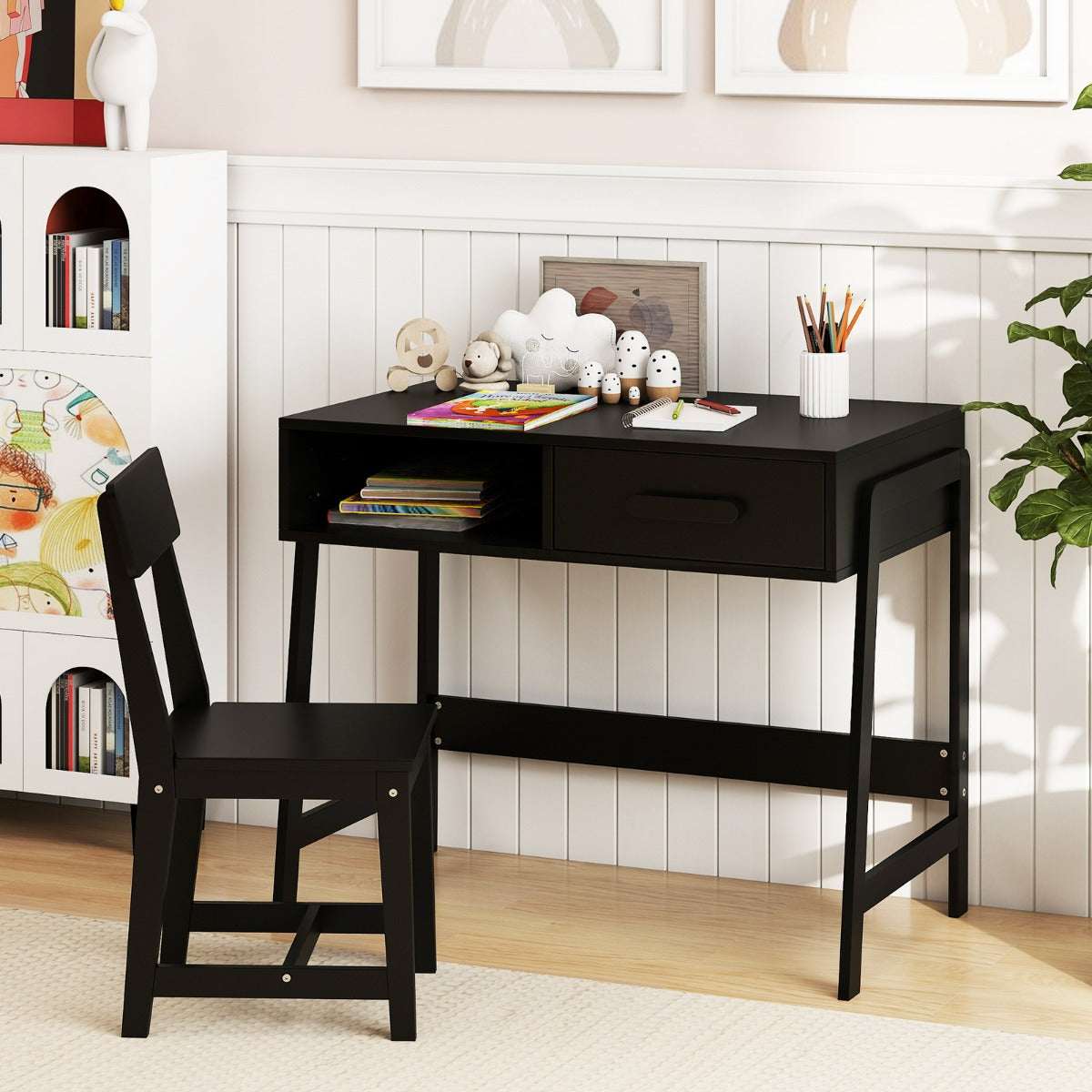 Set scrivania e sedia con cassetto e scomparto, Set di tavoli da studio in legno per bambini Nero-Tavoli e sedie