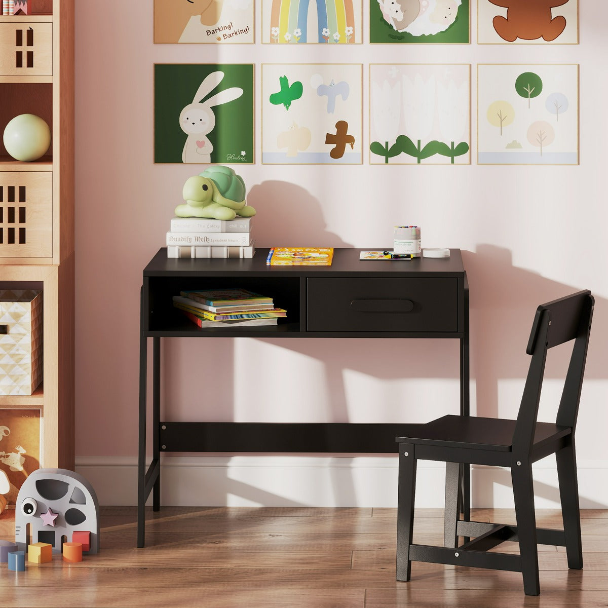 Set scrivania e sedia con cassetto e scomparto, Set di tavoli da studio in legno per bambini Nero-Tavoli e sedie