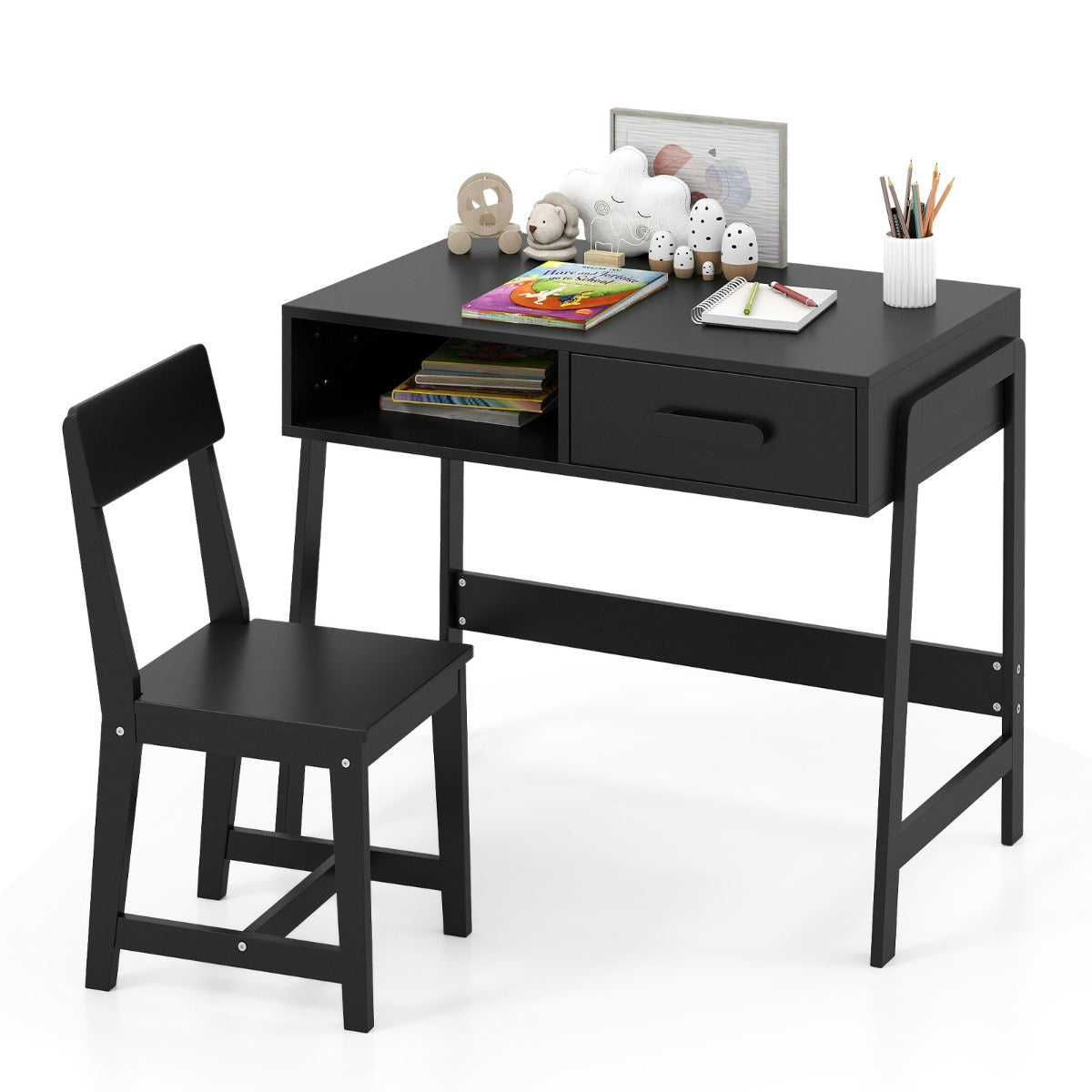 Set scrivania e sedia con cassetto e scomparto, Set di tavoli da studio in legno per bambini Nero-Tavoli e sedie