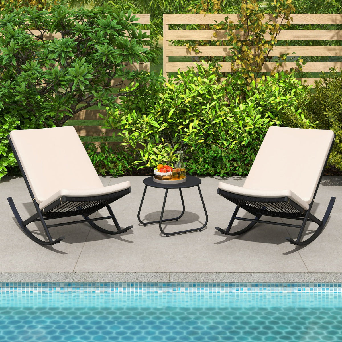 Set sedie a dondolo da 3 pezzi in rattan PE con tavolino da caff¨¨ e cuscini spessi, Set di mobili da giardino Beige-Set mobili da esterno