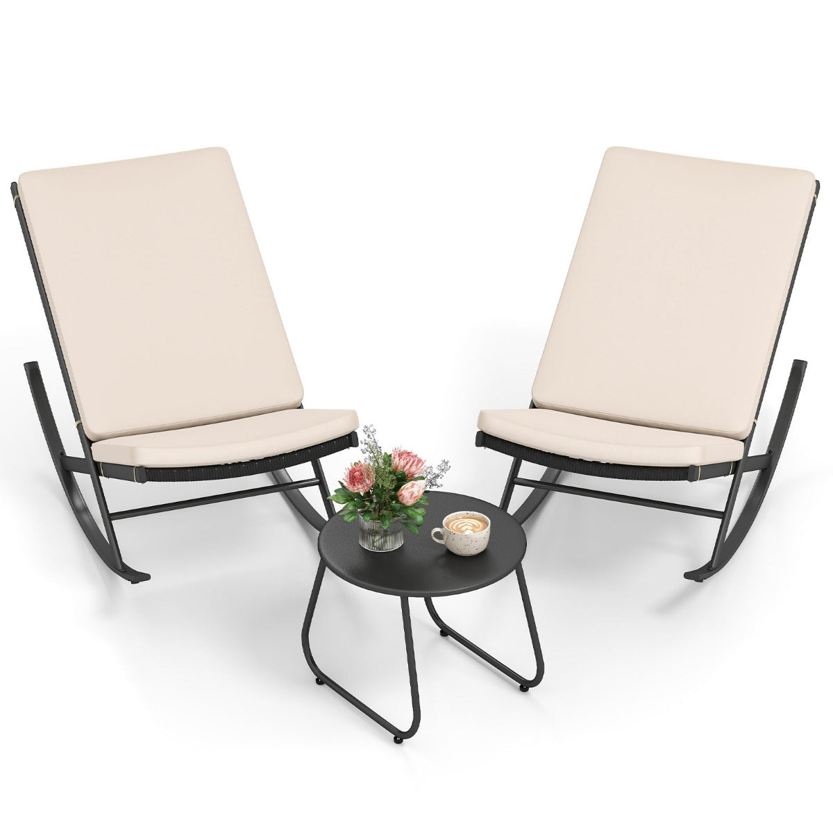 Set sedie a dondolo da 3 pezzi in rattan PE con tavolino da caff¨¨ e cuscini spessi, Set di mobili da giardino Beige-Set mobili da esterno