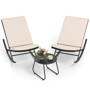 Set sedie a dondolo da 3 pezzi in rattan PE con tavolino da caff¨¨ e cuscini spessi, Set di mobili da giardino Beige-Set mobili da esterno