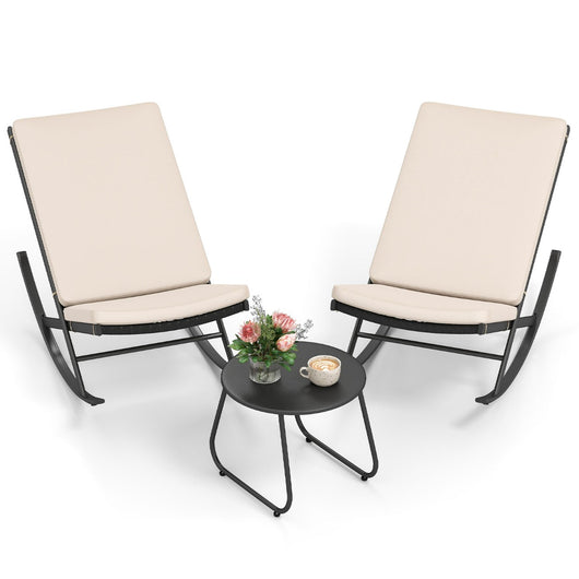 Set sedie a dondolo da 3 pezzi in rattan PE con tavolino da caff¨¨ e cuscini spessi, Set di mobili da giardino Beige-Set mobili da esterno