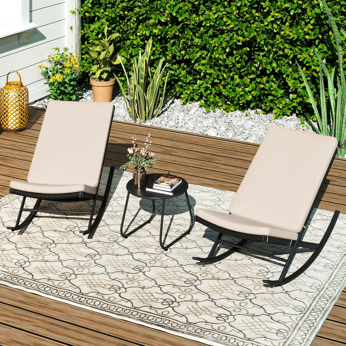 Set sedie a dondolo da 3 pezzi in rattan PE con tavolino da caff¨¨ e cuscini spessi, Set di mobili da giardino Beige-Set mobili da esterno