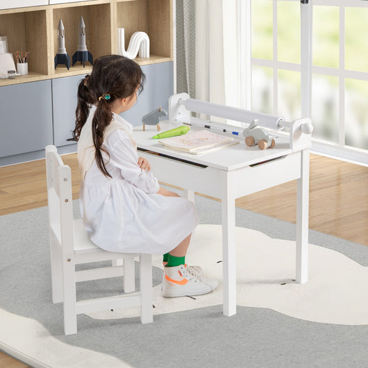 Set tavolino e sedia vano portaoggetti e portarotolo per disegnare giocare, Tavolo per bambini con sedia Bianco-Tavoli e sedie