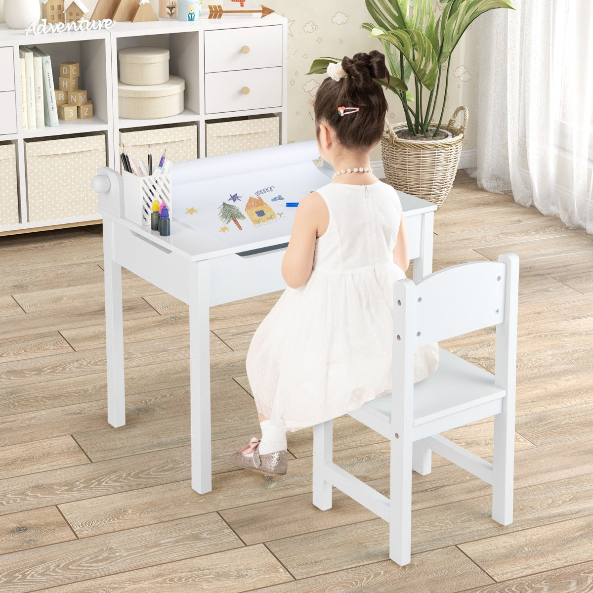 Set tavolino e sedia vano portaoggetti e portarotolo per disegnare giocare, Tavolo per bambini con sedia Bianco-Tavoli e sedie