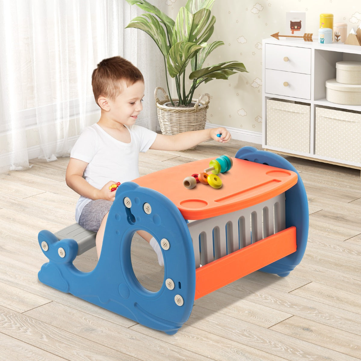 Set tavolo attivit¨¤ convertibile per bambini con lavagna cancellabile, Cavalletto multifunzionale Blu e Arancione-Tavoli e sedie