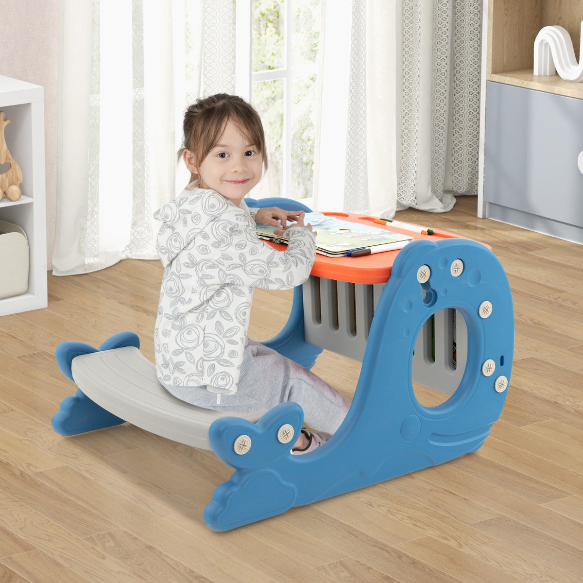 Set tavolo attivit¨¤ convertibile per bambini con lavagna cancellabile, Cavalletto multifunzionale Blu e Arancione-Tavoli e sedie