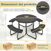 Set tavolo da picnic per 8 persone con 4 panche e foro per ombrellone, Tavolo da picnic circolare portata 225kg Nero-Tavoli e sedie da campeggio