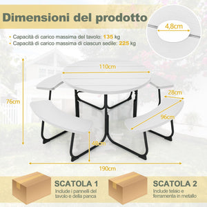 Set tavolo da picnic per 8 persone con 4 panche e foro per ombrellone, Tavolo da picnic circolare portata 225kg Bianco-Tavoli e sedie da campeggio