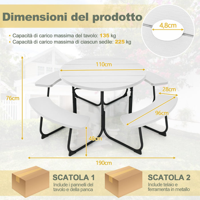 Set tavolo da picnic per 8 persone con 4 panche e foro per ombrellone, Tavolo da picnic circolare portata 225kg Bianco-Tavoli e sedie da campeggio
