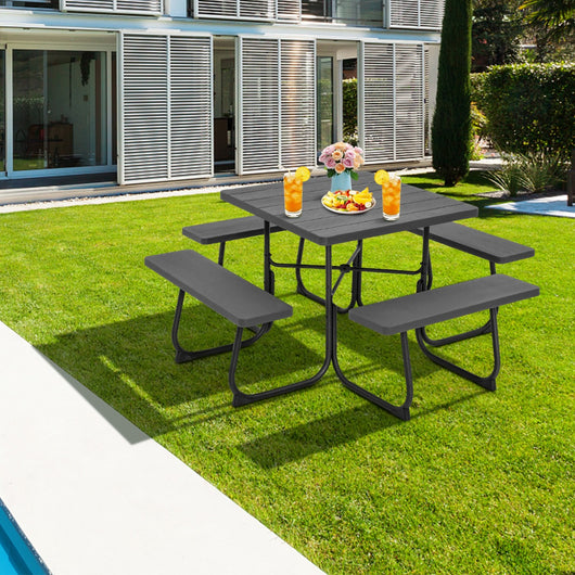 Set tavolo da picnic quadrato per 8 persone, Tavolo per esterni con foro per ombrellone capacit¨¤ di 225kg Grigio Scuro-Tavoli e sedie da campeggio