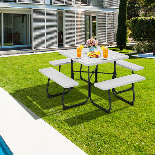 Set tavolo da picnic quadrato per 8 persone, Tavolo per esterni con foro per ombrellone capacit¨¤ di 225kg Bianco-Tavoli e sedie da campeggio