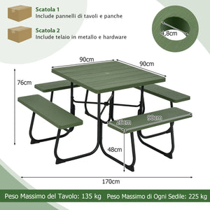 Set tavolo da picnic quadrato per 8 persone, Tavolo per esterni con foro per ombrellone capacit¨¤ di 225kg Verde-Tavoli e sedie da campeggio