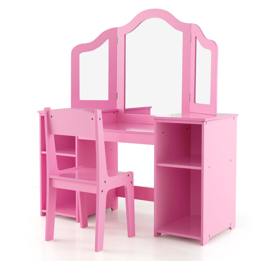 Set tavolo da trucco sedia per bambini con specchio a 3 ante rimovibile, Set 2-in-1 di vanit¨¤ per ragazze Rosa-Toelette per bimbi