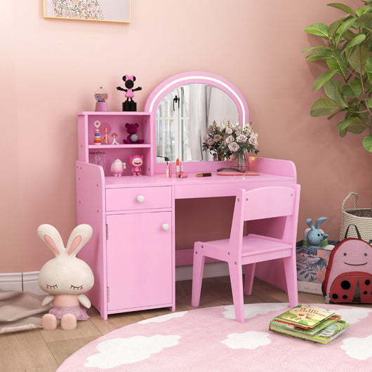 Set tavolo da trucco per bambini con sedia mensole cassetto e anta-Toeletta da trucco in legno con luci LED Rosa