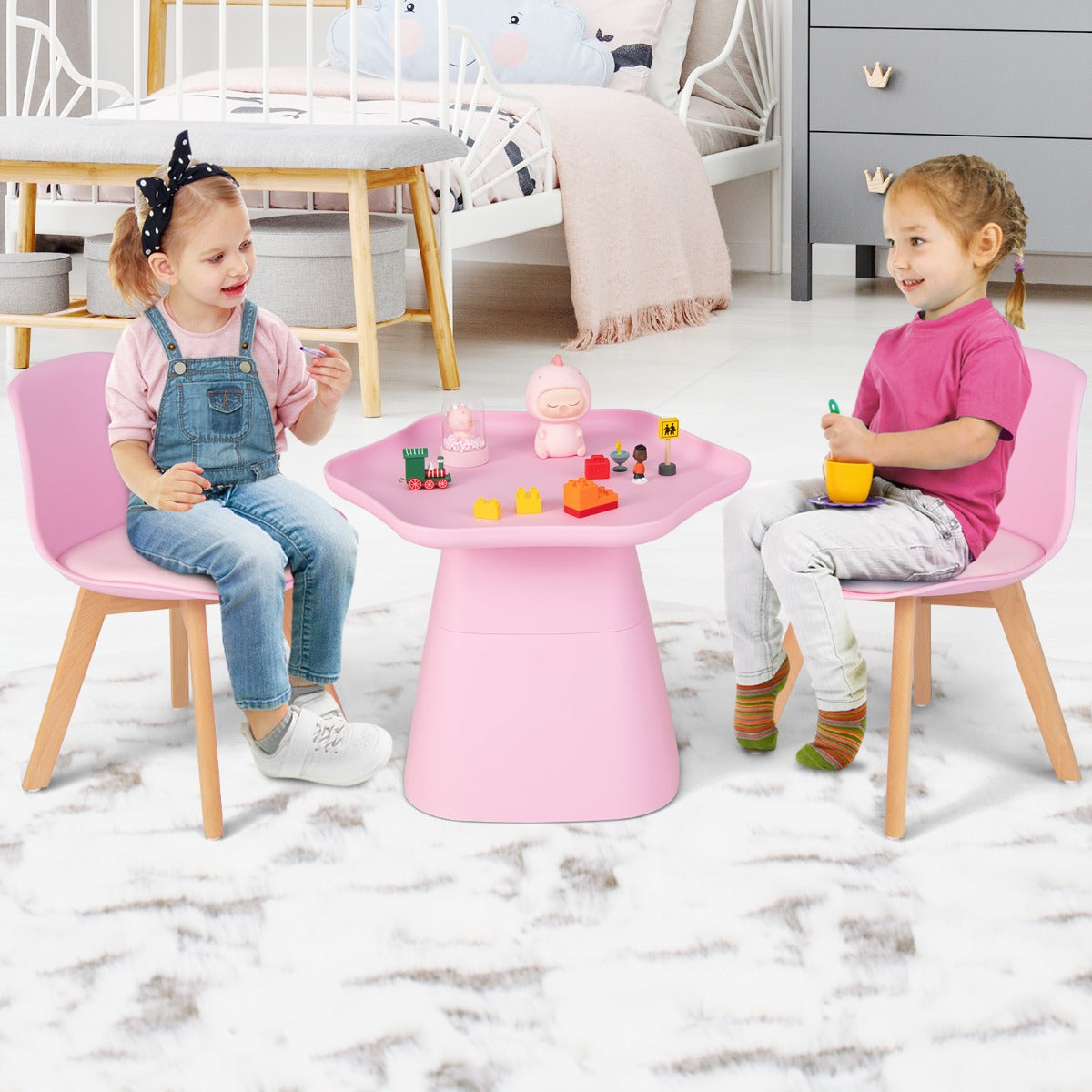 Set tavolo e 2 sedie per bambini 3-8 anni, Tavolo da gioco per bambini con bordi rialzati sedie con gambe in legno Rosa-Tavoli e sedie