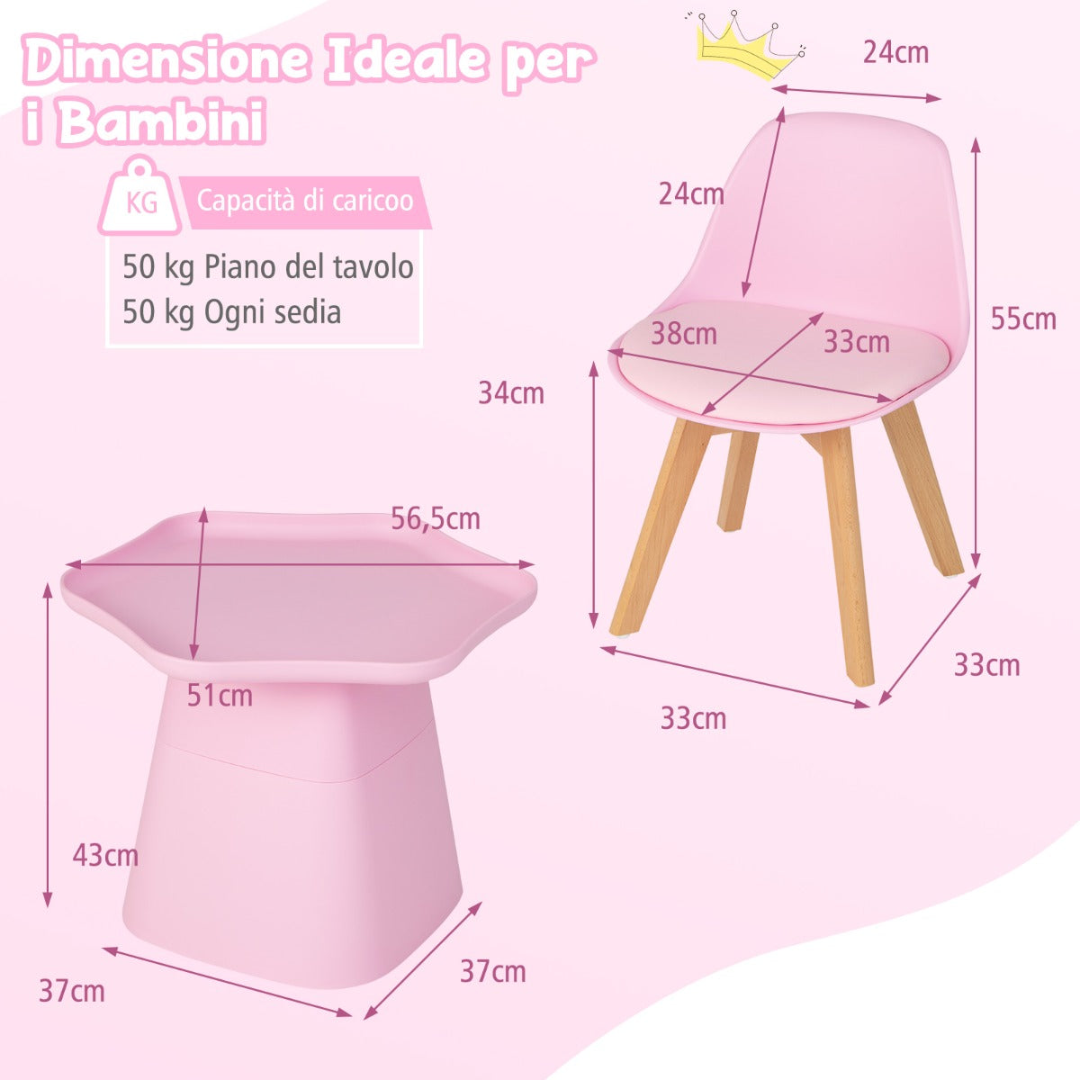 Set tavolo e 2 sedie per bambini 3-8 anni, Tavolo da gioco per bambini con bordi rialzati sedie con gambe in legno Rosa-Tavoli e sedie