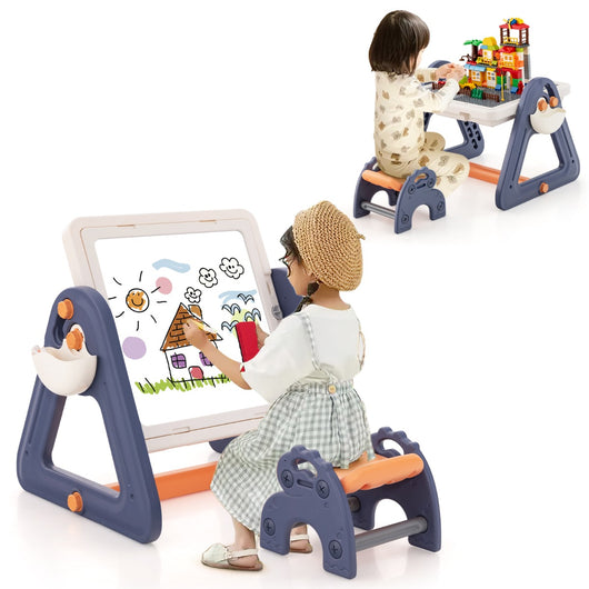 Set tavolo e cavalletto artistico 2-in-1 per bambini, Tavolo multiattivit¨¤ con sedia e piano reversibile 84x58x55cm-Tavoli e sedie