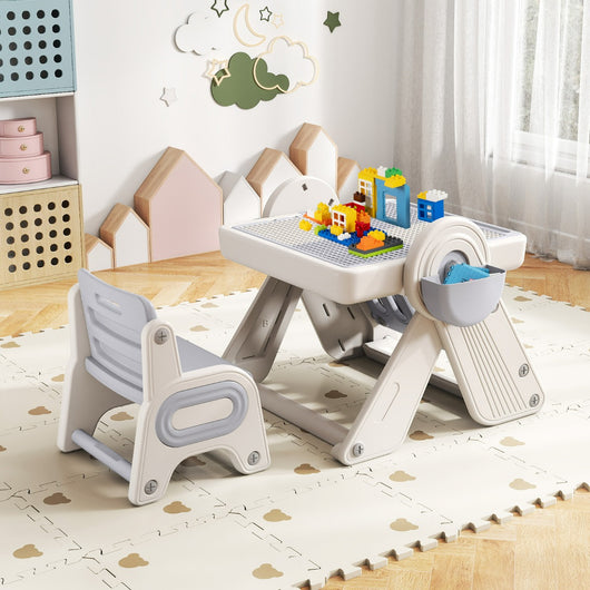 Set tavolo e sedia multifunzione 6 in 1 per bambini 18+ Mesi, Cavalletto pieghevole con piano reversibile e porta penne Grigio-Tavoli e sedie