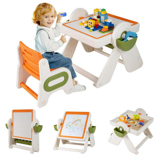 Set tavolo e sedia multifunzione 6 in 1 per bambini 18+ Mesi, Cavalletto pieghevole con piano reversibile e porta penne Arancione-Tavoli e sedie