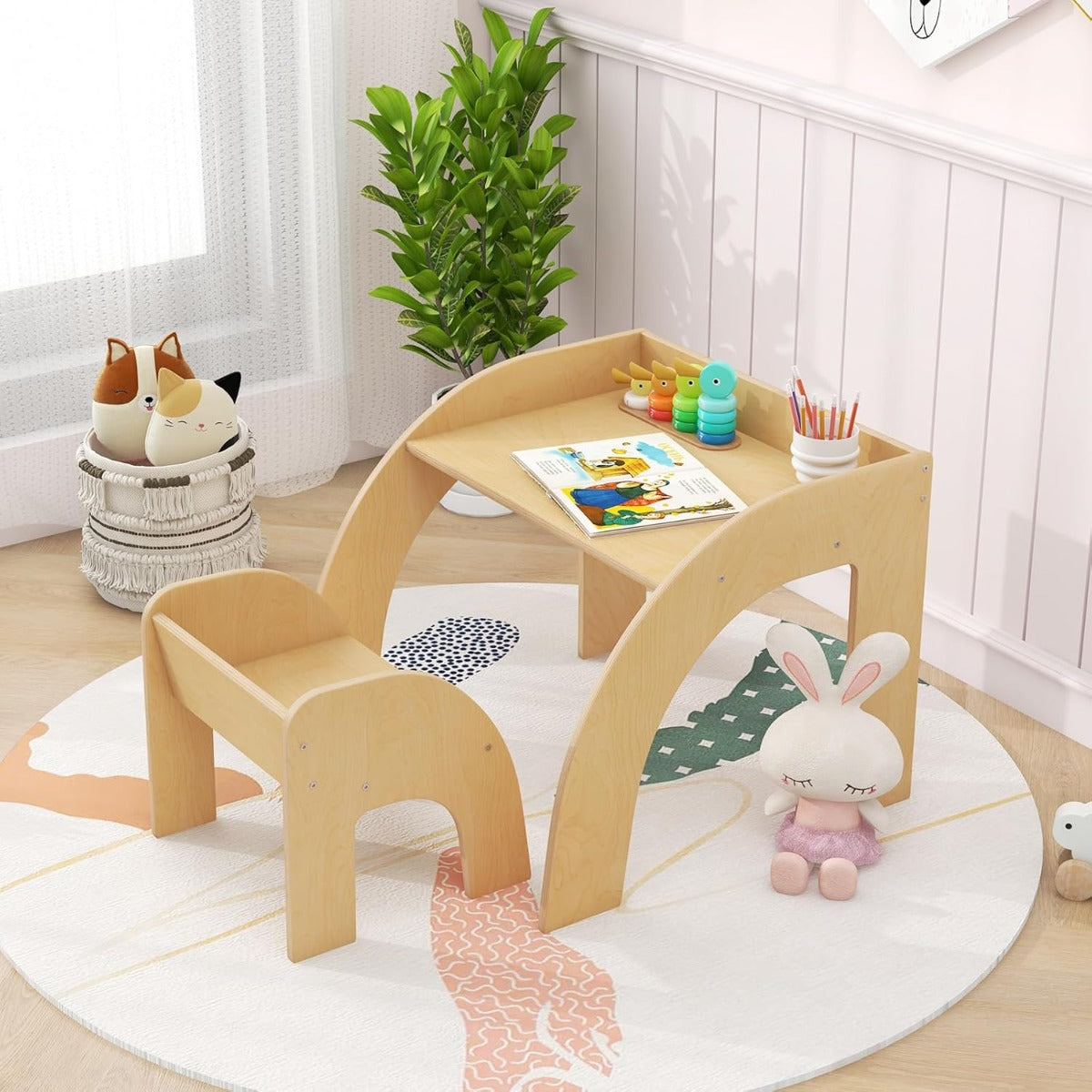 Set tavolo e sedia per bambini 3+ anni, Attivit¨¤ carino con ampio piano d'appoggio e bordo curvato Naturale-Tavoli e sedie