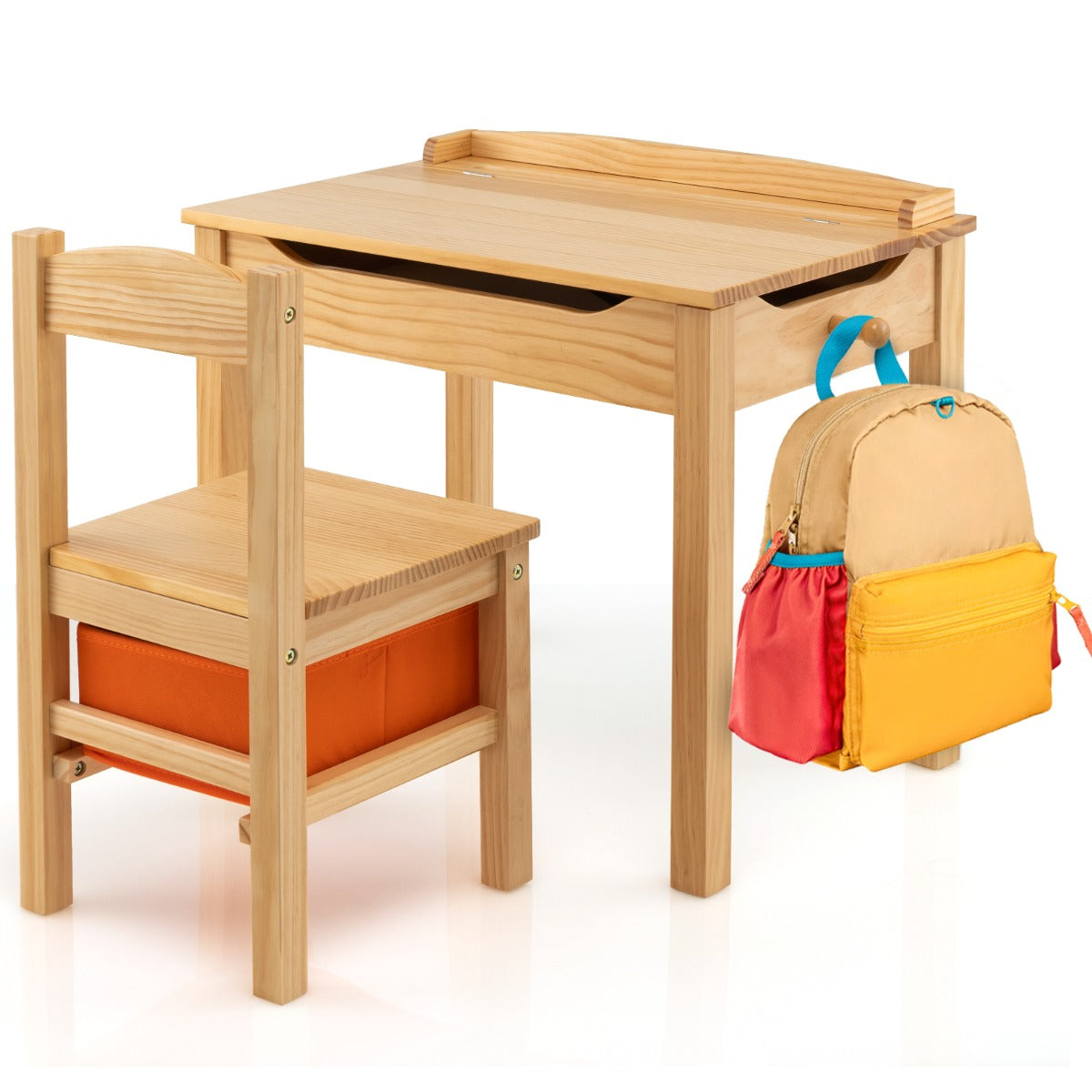 Set tavolo e sedia per bambini in legno massello, Scrivania ribaltabile con sedia per stanza giochi asilo Naturale-Tavoli e sedie