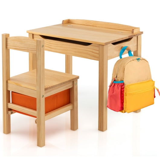 Set tavolo e sedia per bambini in legno massello, Scrivania ribaltabile con sedia per stanza giochi asilo Naturale-Tavoli e sedie