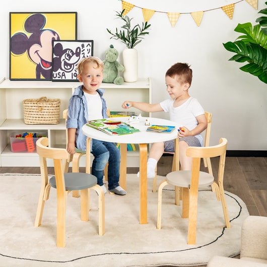 Set tavolo e sedie per bambini da 5 pezzi con schienale curvo in legno, Tavolo attivit¨¤ con 4 sedie Colorato-Tavoli e sedie