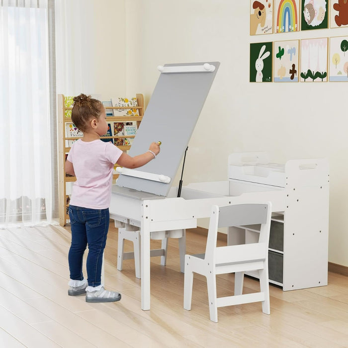 Set tavolo e sedie per bambini con rotolo di carta e organizzatore portatile e cavalletto, Per attivit¨¤ e studio e gioco attivo Grigio-Tavoli e sedie