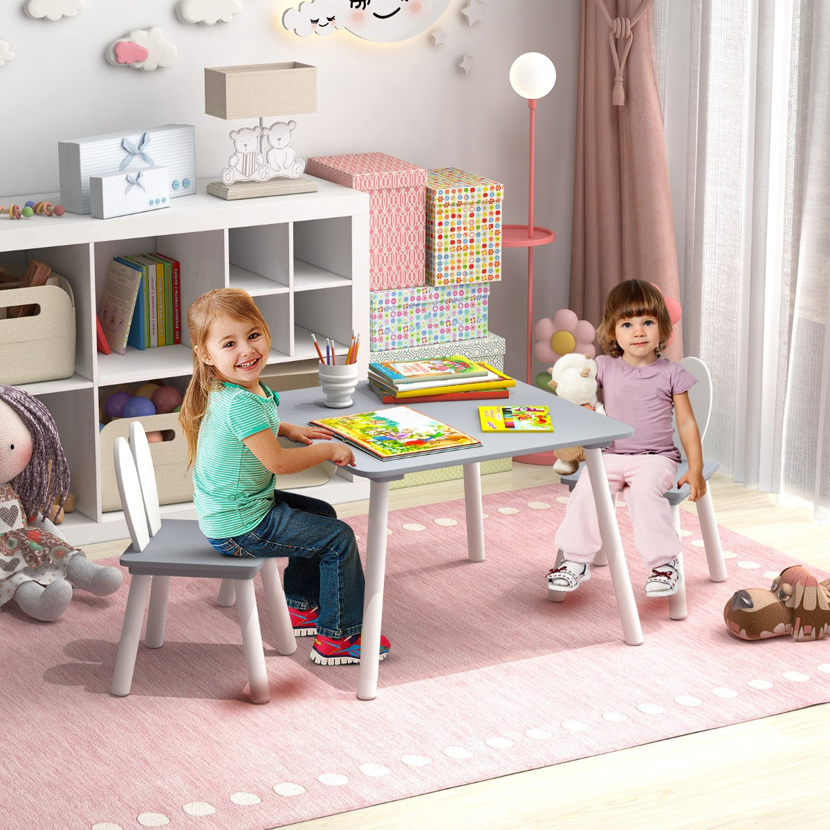 Set tavolo sedie per bambini 3 pezzi per arte, Tavolo e 2 sedie a coniglio gambe in legno massiccio Grigio-Tavoli e sedie