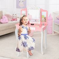 Set tavolo toeletta e sgabello con specchio tripartito per bambini, Set toeletta finto con cassetto Rosa-Toelette per bimbi