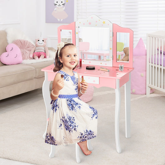 Set tavolo toeletta e sgabello con specchio tripartito per bambini, Set toeletta finto con cassetto Rosa-Toelette per bimbi