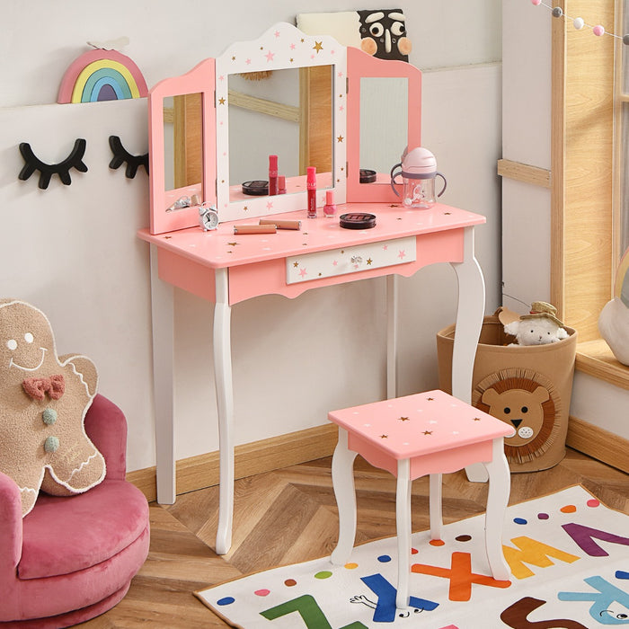 Set tavolo toeletta e sgabello con specchio tripartito per bambini, Set toeletta finto con cassetto Rosa-Toelette per bimbi