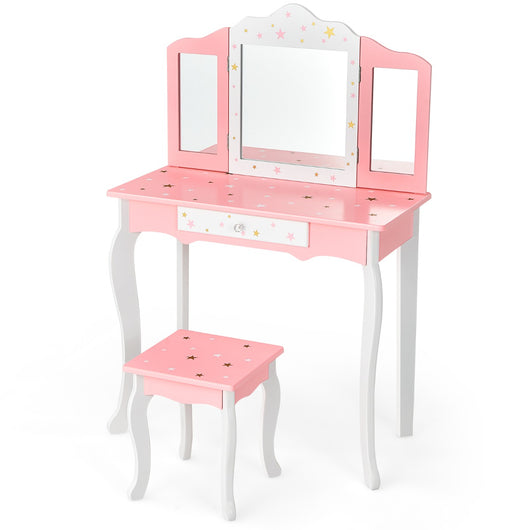 Set tavolo toeletta e sgabello con specchio tripartito per bambini, Set toeletta finto con cassetto Rosa-Toelette per bimbi