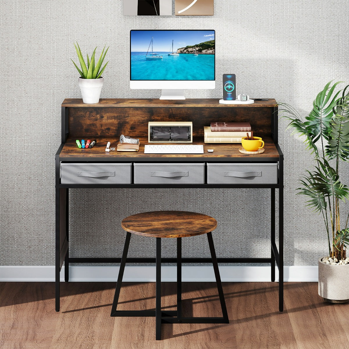 Set tavolo trucco e sgabello con supporto per monitor-Scrivania per computer con prese di corrente Marrone