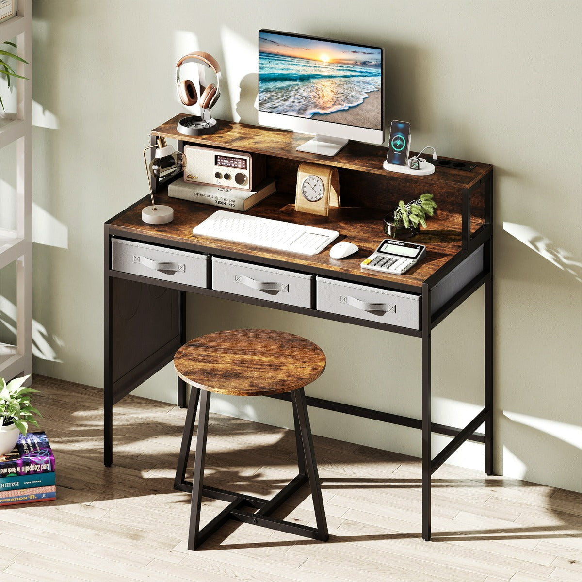 Set tavolo trucco e sgabello con supporto per monitor-Scrivania per computer con prese di corrente Marrone