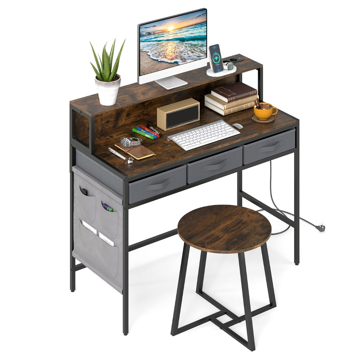 Set tavolo trucco e sgabello con supporto per monitor-Scrivania per computer con prese di corrente Marrone