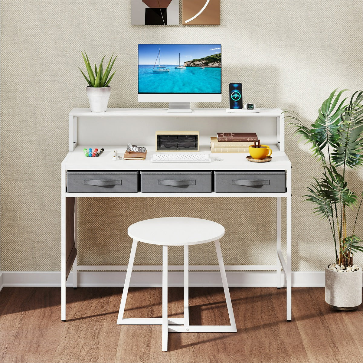 Set tavolo trucco e sgabello con supporto per monitor-Scrivania per computer con prese di corrente Bianco
