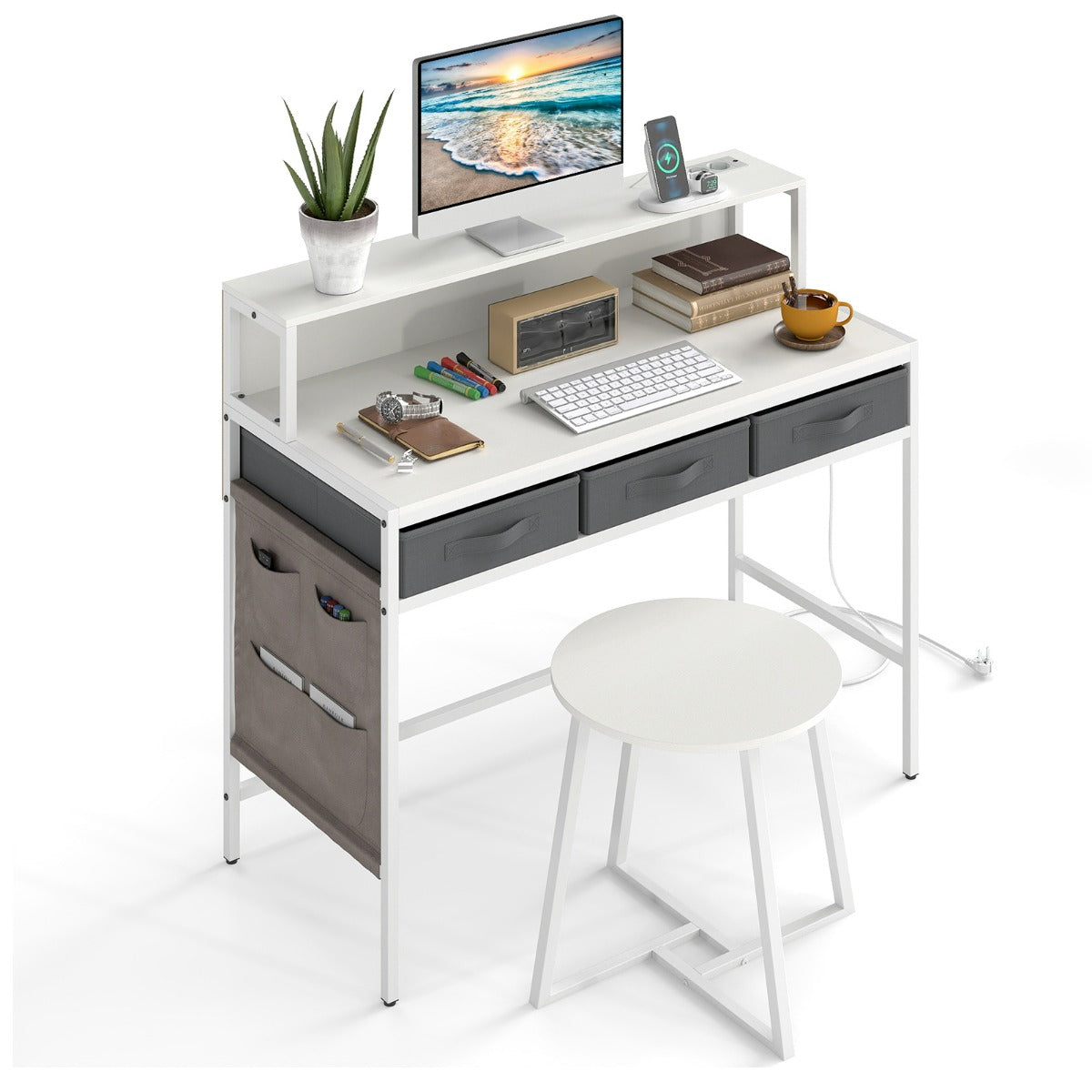 Set tavolo trucco e sgabello con supporto per monitor-Scrivania per computer con prese di corrente Bianco