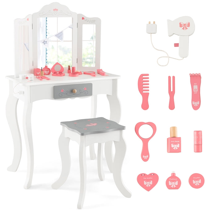 Set tavolo trucco e sgabello per bambine con specchio trittico pieghevole cassetto, Toeletta trucco bambina Bianco-Toelette per bimbi