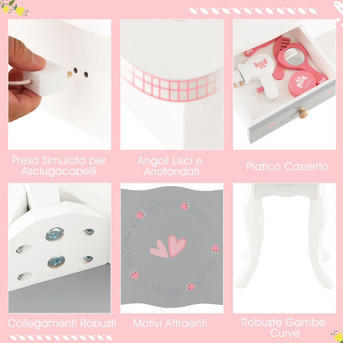 Set tavolo trucco e sgabello per bambine con specchio trittico pieghevole cassetto, Toeletta trucco bambina Bianco-Toelette per bimbi