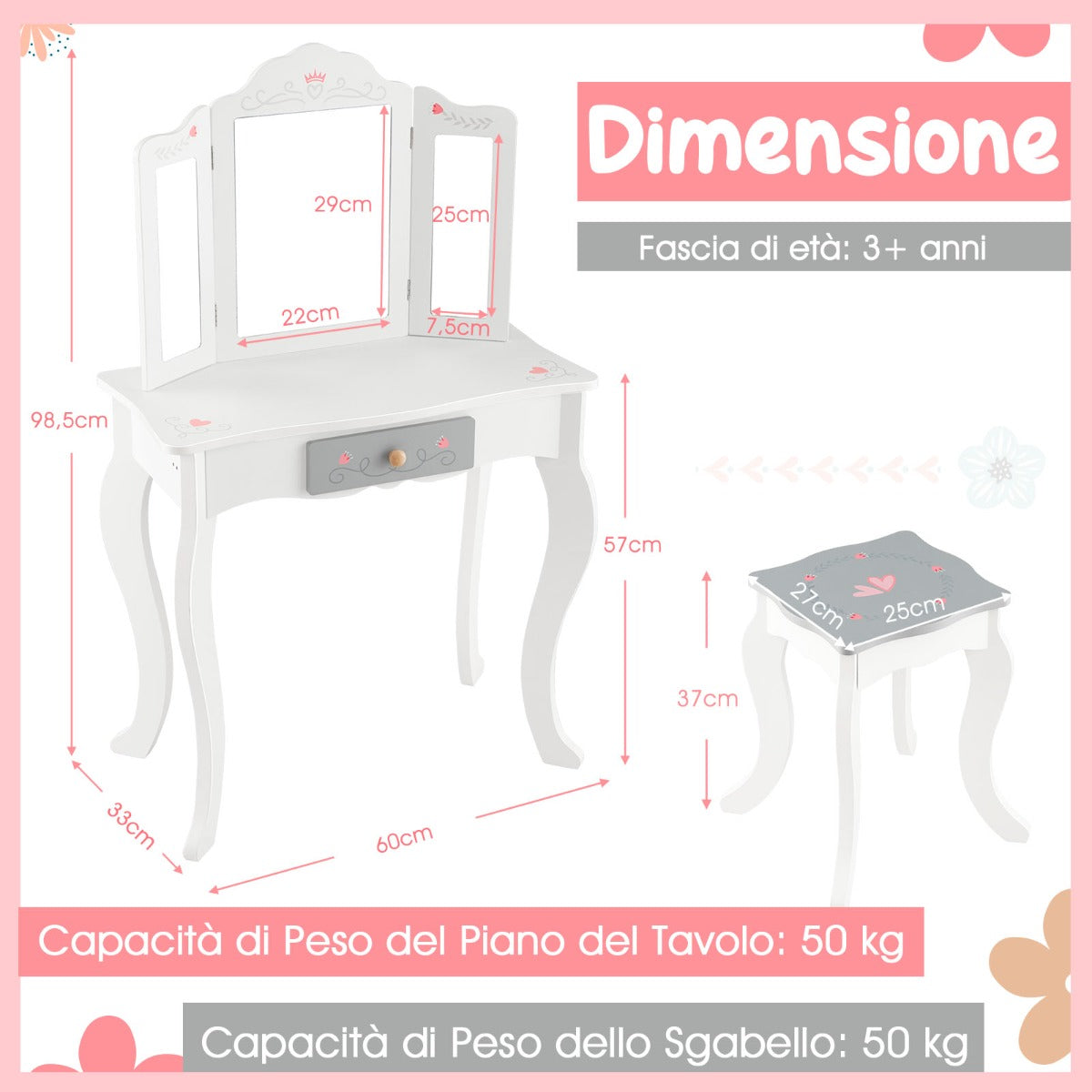 Set tavolo trucco e sgabello per bambine con specchio trittico pieghevole cassetto, Toeletta trucco bambina Bianco-Toelette per bimbi