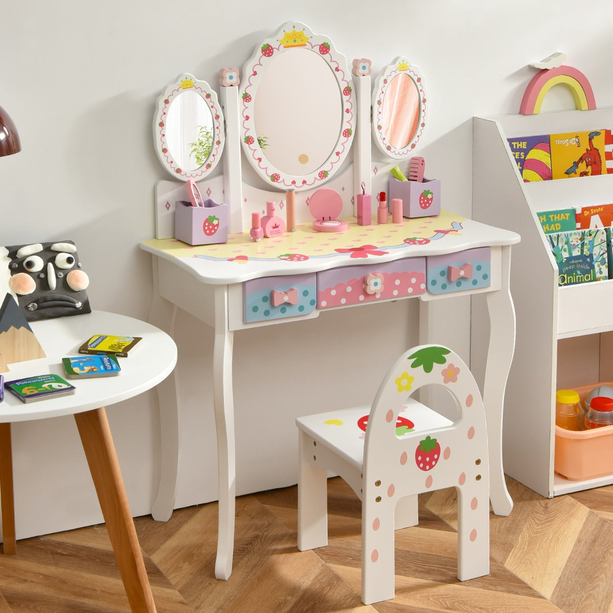 Set toeletta con specchio tripartito per bambini, Set tavolo e sedia con 3 cassetti 2 scatole sgabello Bianco-Toelette per bimbi