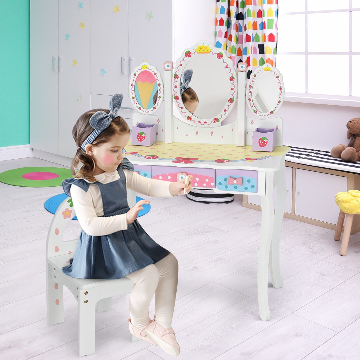 Set toeletta con specchio tripartito per bambini, Set tavolo e sedia con 3 cassetti 2 scatole sgabello Bianco-Toelette per bimbi