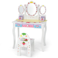 Set toeletta con specchio tripartito per bambini, Set tavolo e sedia con 3 cassetti 2 scatole sgabello Bianco-Toelette per bimbi